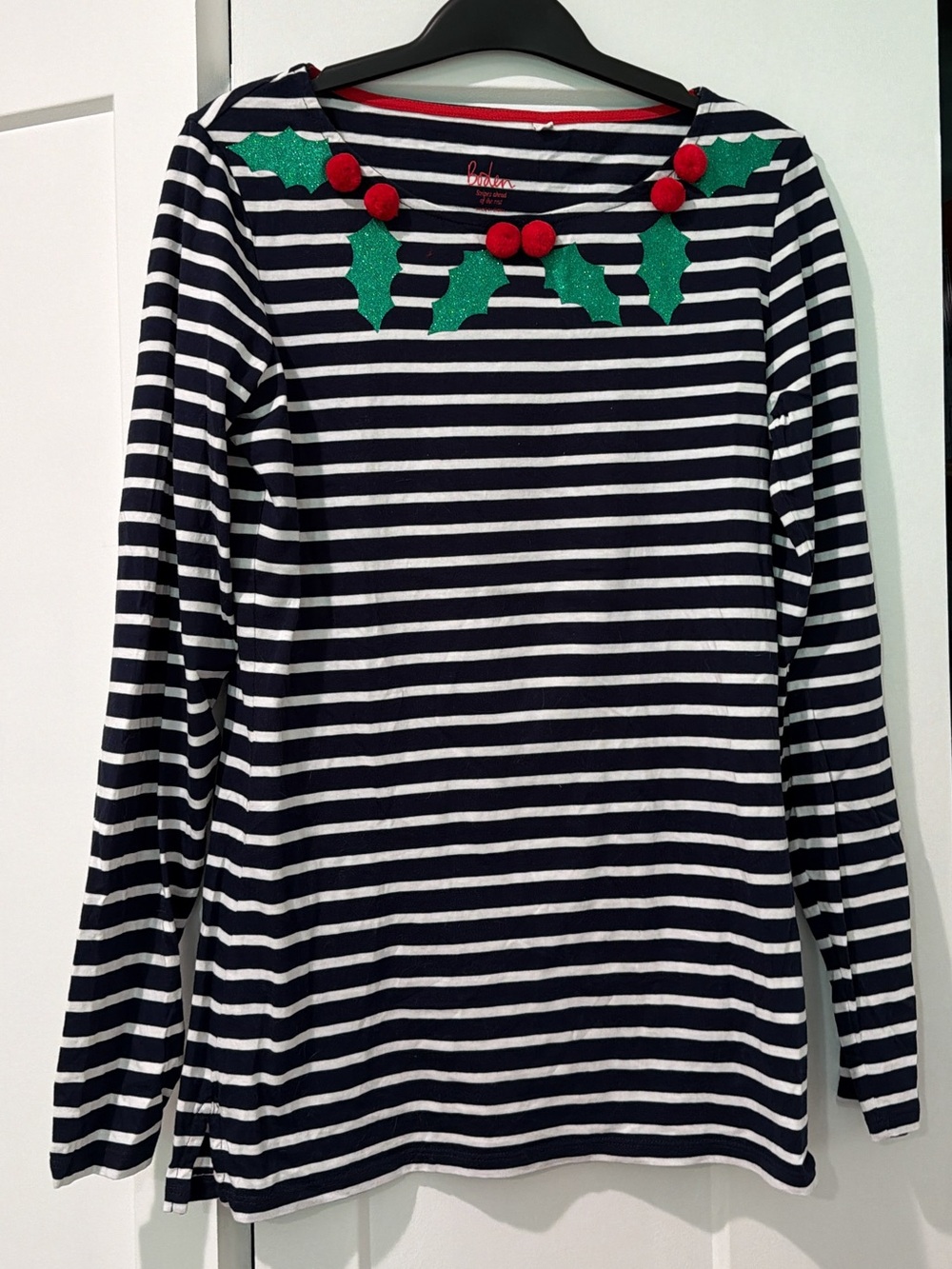 Boden Breton stripe Christmas holly pom top size 6